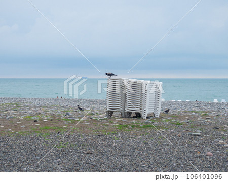 Raven sits on beach chairs. Birds on the beach. Out of season. Evening at the resort. 106401096