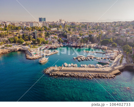 View of old Antalya from a drone or bird's eye view. This is the area of the old city and the old harbor View of old Antalya from a drone or bird's eye view. This is the area of the old city and the old harbor 106402733