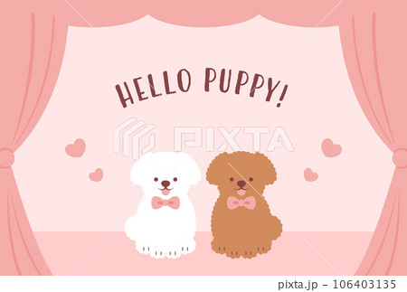 二匹のトイプードルとカーテンの背景イラストのイラスト素材