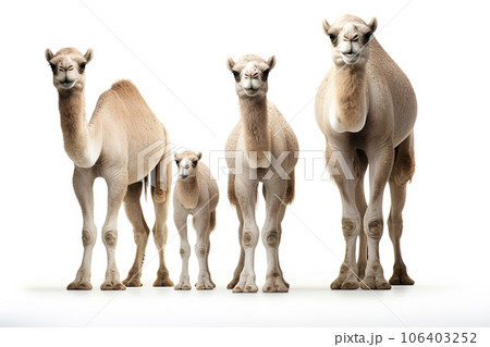 Image of family group of camel on white background. Wildlife Animals. Illustration, Generative AI. 106403252