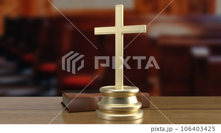 The cross on wood table for religion concept 3d rendering 106403425