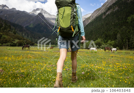 Hiking woman in high altitude grassland 106403848