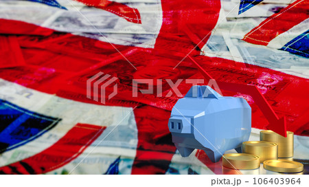 The piggy bank and gold coins on union jack flag Background  3d rendering 106403964