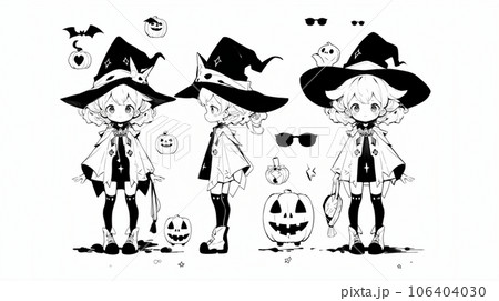 ハロウィン用の女の子の魔女コスプレイラストのリファレンスシート 106404030