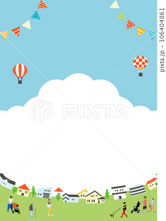 カラフルな街並みとガーランドと通行人の背景画像 106404861