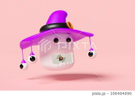 3d halloween holiday party with spider and spider web in mouth skull, witch hat isolated on pink background. 3d render illustration 106404890