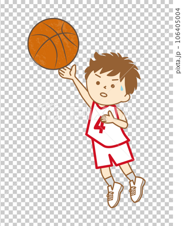 ユニフォーム姿でバスケットボールの試合でシュートをする男の子 106405004