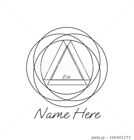 Illustration of est and name here text with geometric shapes on white background, copy space 106405273