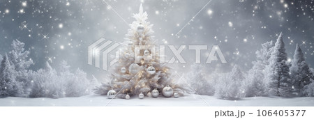 ホワイトクリスマス  クリスマスツリーはクリスマスを祝福します　パノラマのバナー　「AI生成画像」 106405377