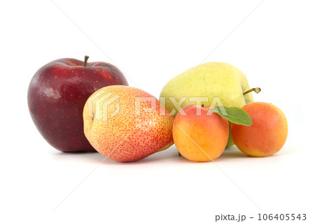 Multivitamin and juicy rich fruits over white background 106405543