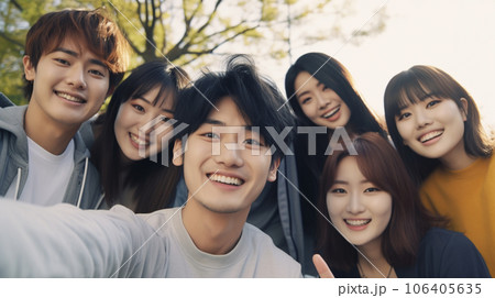 仲のいい大学生男女の集合写真 106405635