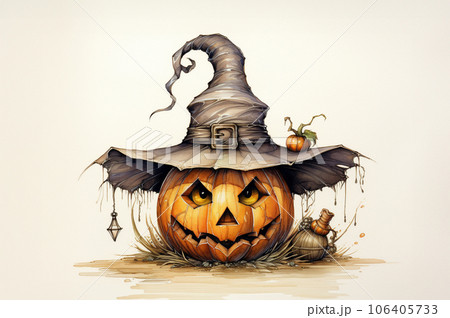 Creepy Halloween grinning pumpkins in a witch hat isolated on white background. Halloween background. Generative AI. 106405733