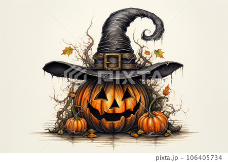 Creepy Halloween grinning pumpkins in a witch hat isolated on white background. Halloween background. Generative AI. 106405734