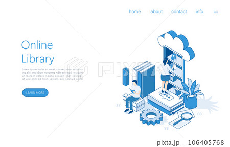 Landing page template online library. Distance education, online learning concept. Students reading books. Isometric Vector. Landing page template online library. Distance education, online learning concept. Students reading books. Isometric Vector. 106405768