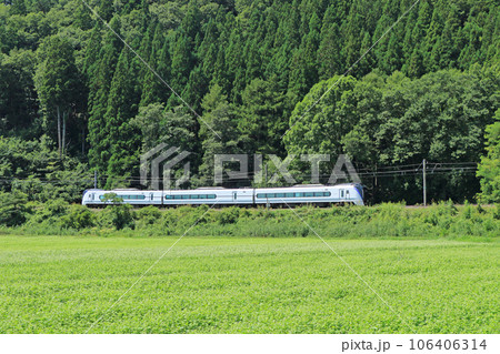 大糸線 夏の白馬山麓を行く特急あずさ 大糸線 夏の白馬山麓を行く特急あずさ 106406314