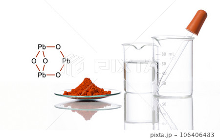 Lead (II,IV) oxide in Chemical Watch Glass place next to crystal clear liquid in beaker, with the complex laitmotif of a chemical compound structure. Lead (II,IV) oxide in Chemical Watch Glass place next to crystal clear liquid in beaker, with the complex laitmotif of a chemical compound structure. 106406483