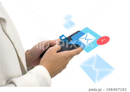 Individual engrossed in mobile device, lit by glow of cascading email icons signifying connectivity and digital correspondence. 106407191
