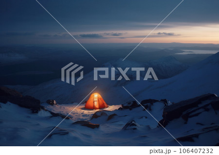 Find peace and tranquility in a tent under the starry sky in a snow-covered wilderness at night. AI Generative 106407232