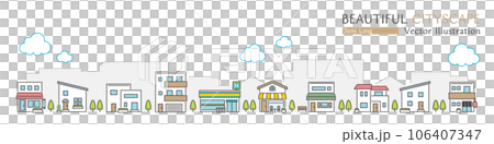 Vector illustration of a beautiful cityscape with simple shops and houses 106407347