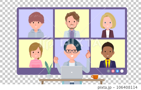 一組男性程序員工程師與多人進行在線會議。前角 106408114