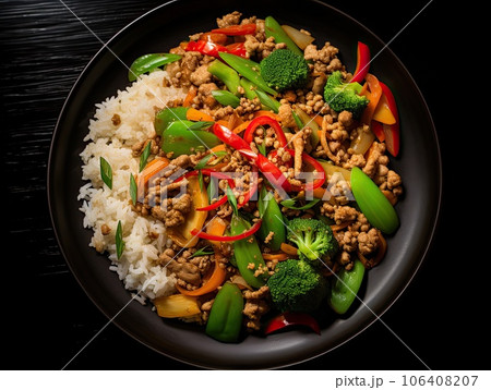 Comfort food delicious ground turkey stir fry dish with vegetables on a black round dinner plate and no background 106408207