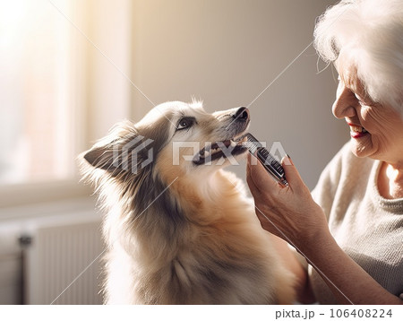 Elderly senior woman brushing a dog with comb brush at home 106408224