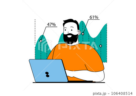Data analysis concept with people scene in flat web design. Man making financial audit and accounting, getting progress at chart. Vector illustration for social media banner, marketing material. 106408514
