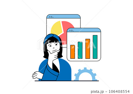 Data analysis concept with people scene in flat web design. Woman analyzing database and researching graphs, making analytics report. Vector illustration for social media banner, marketing material. 106408554