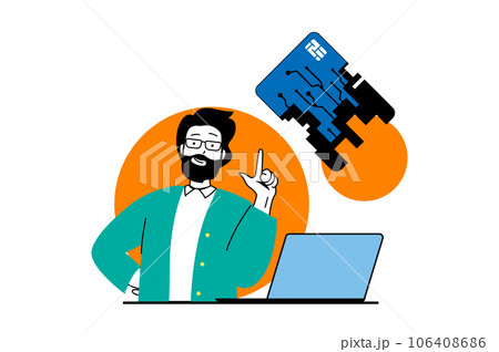 Cryptocurrency marketplace concept with people scene in flat web design. Man exchanges bitcoins to account and manages crypto wallet. Vector illustration for social media banner, marketing material. 106408686