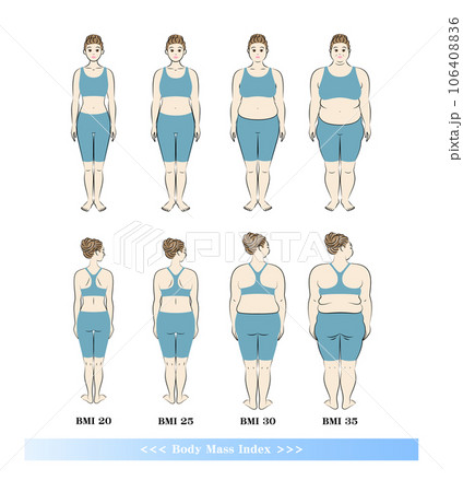 BMI ボディマスインデックス 若い女性の体形変化 ダイエットのビフォーアフター イラスト 106408836