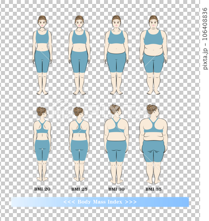 BMI ボディマスインデックス 若い女性の体形変化 ダイエットのビフォーアフター イラスト 106408836