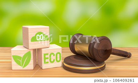 The hammer and eco icon on wood cube for International Law and Environment Law 3d rendering 106409261