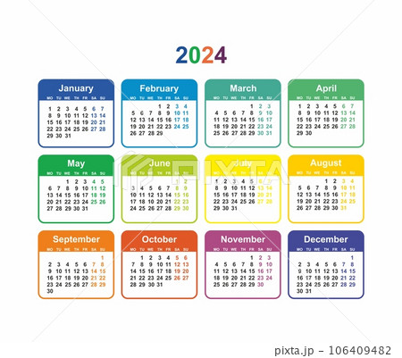 Calendar grid 2024 colorful vector Simple layout of pocket or wall calendar Calendar grid 2024 colorful vector Simple layout of pocket or wall calendar 106409482