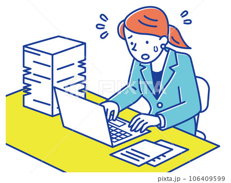 大量の書類と仕事に追われるスーツ姿の女性 大量の書類と仕事に追われるスーツ姿の女性 106409599