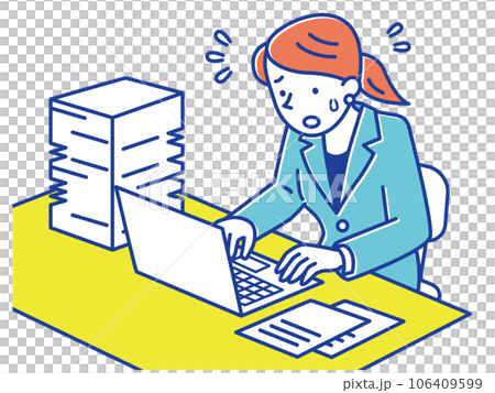 A woman in a suit is busy with a large amount of documents and work. A woman in a suit is busy with a large amount of documents and work. 106409599