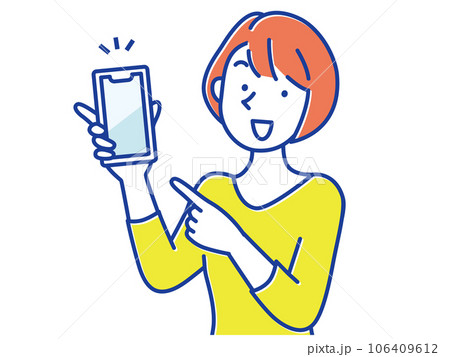 笑顔でスマホの画面を指差す若い女性のイラスト 106409612