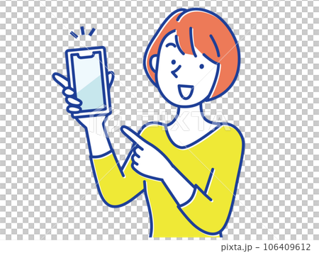 Illustration of a young woman smiling and pointing at the smartphone screen Illustration of a young woman smiling and pointing at the smartphone screen 106409612