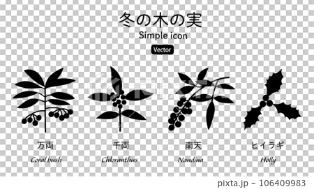 冬季結果的植物的插圖 Manryo Senryo Nanten Holly 剪影圖標集 106409983