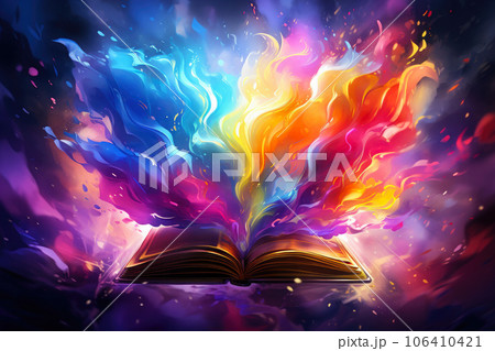 Spell book. Magically glowing old book. Fairy tale come to life 106410421