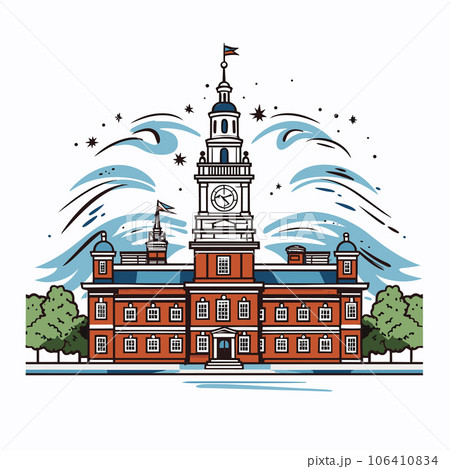 Independence Hall. Independence Hall hand-drawn comic illustration. Vector doodle style cartoon illustration 106410834