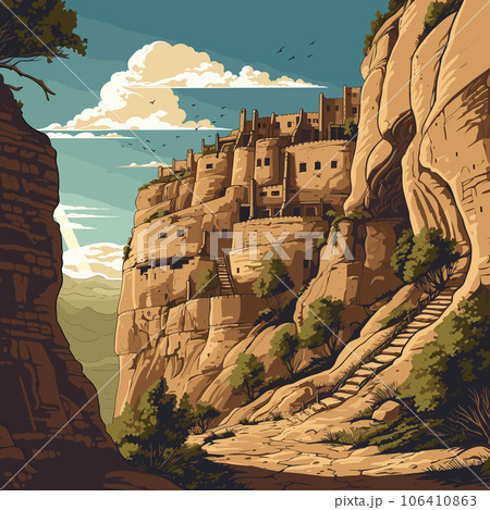 Mesa Verde. Mesa Verde hand-drawn comic illustration. Vector doodle style cartoon illustration 106410863