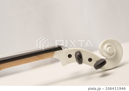 Headstock and pegs of a white violin close-up 106411946