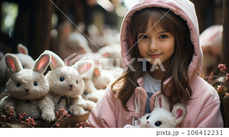 プレゼントをもらってうれしそうな女の子：バニーガール：たくさんのウサギのぬいぐるみに囲まれたアリス