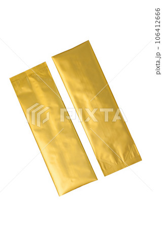 Golden metalized side gusset pouch bag isolated on white background. Empty blank foil coffee packaging template mockup. 106412666