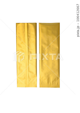 Golden metalized side gusset pouch bag isolated on white background. Empty blank foil coffee packaging template mockup. Golden metalized side gusset pouch bag isolated on white background. Empty blank foil coffee packaging template mockup. 106412667
