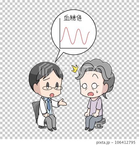 Illustration of an elderly woman having her blood sugar level pointed out by a doctor 106412795