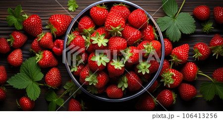 Strawberry banner. Bowl full of strawberries. Close-up food photography background 106413256