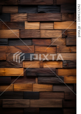 Wood background. Modern wooden facing background. Dark wooden banner. Rustic three-dimensional wood texture 106413292
