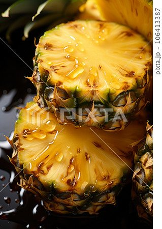 Pineapple banner. Pineapple slices background. Close-up food photography 106413387