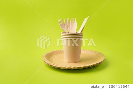 Paper Plate, Fork, Knife, Eco Tableware, Disposable Cutlery, Biodegradable, Eco Bio Table Setting for Picnic 106413644